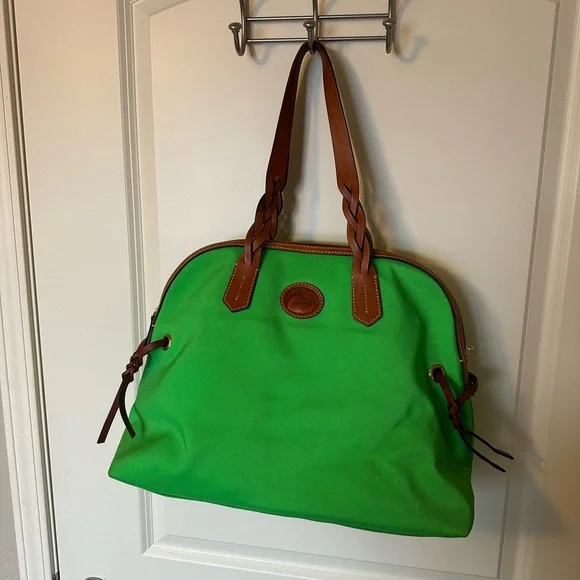 Dooney & Bourke Large Domed Satchel in bright lime green nylon and leather trim - Picture 1 of 4